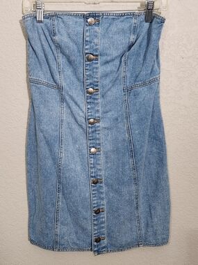 Strapless Light Blue Denim Button-Front Dress